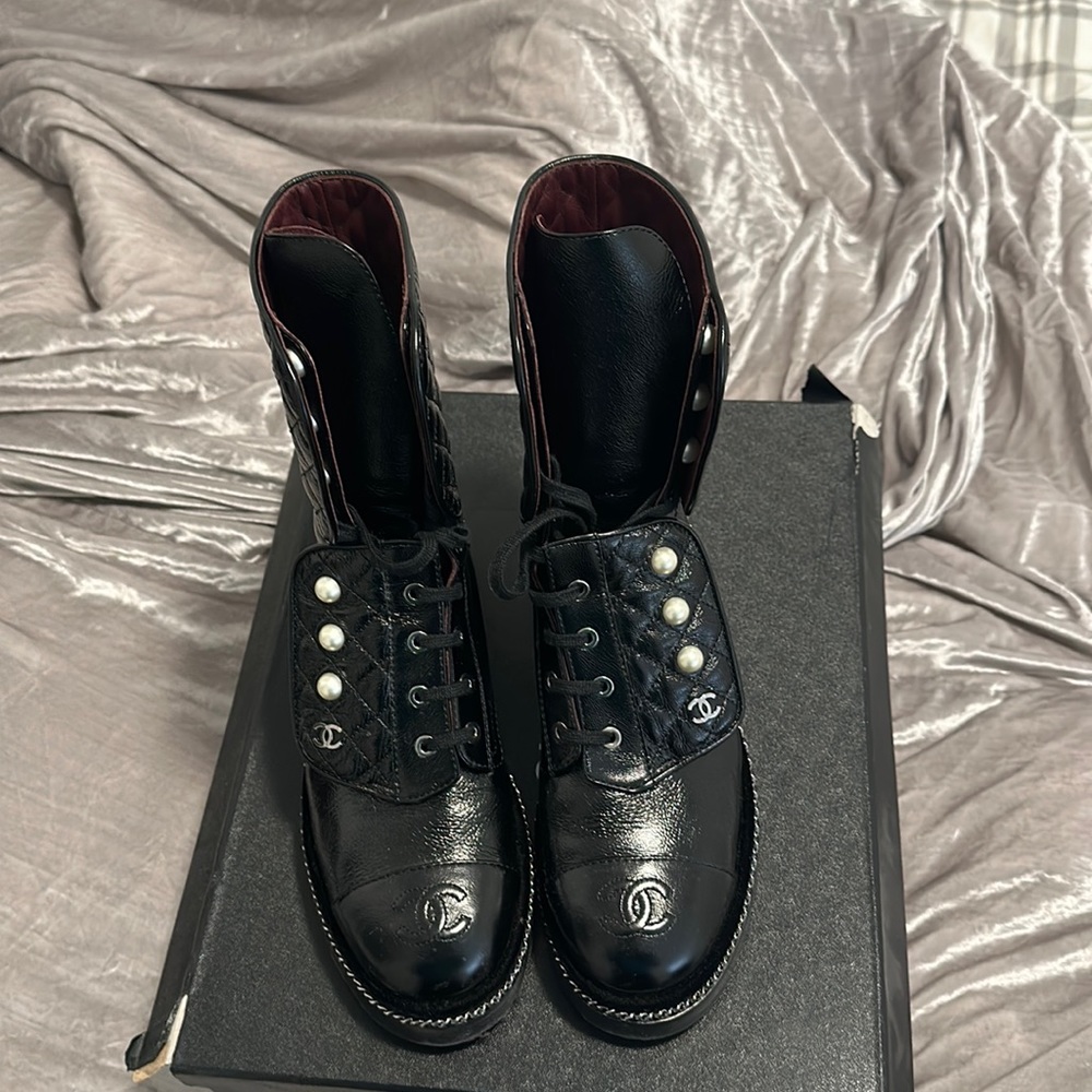 CHANEL BLACK QUILTED LEATHER CC PEARL  COMBAT BOOTS